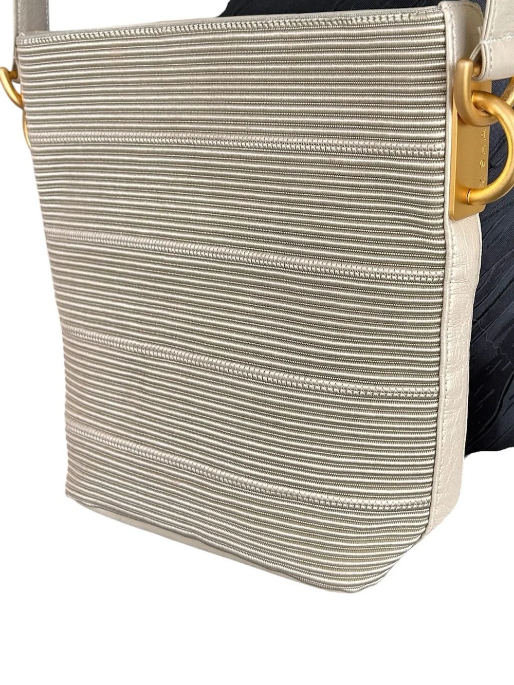 Vintage 80s Americana by Sharif Crossbody Bag - Leather Trim - Champagne - Mint